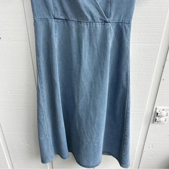 Prairie Cottagecore Denim Cotton Short Sleeved V-Neck Wrap Bust Midi Dress / M - Picture 4 of 10